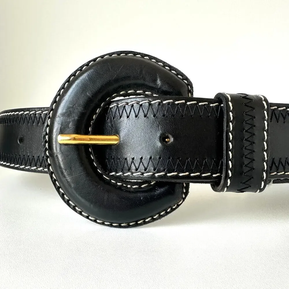 Doppia Vita Vintage Black Leather Belt Oversized Buckle 24